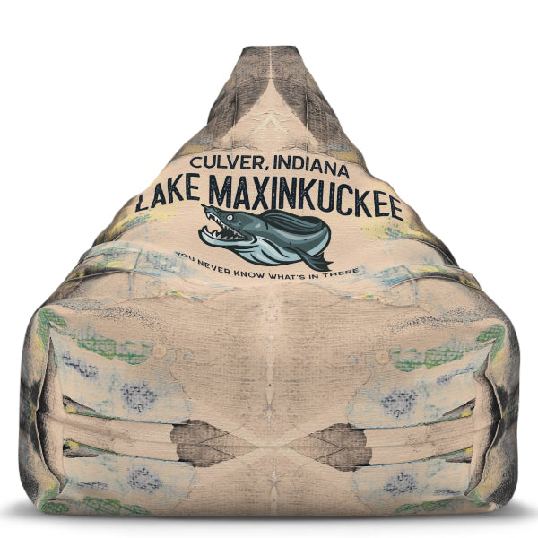 graphic of a fanged fish and text reading "Lake Maxinkuckee Culver Indiana You never know what's in there"