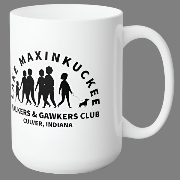 graphic of a group pf people walking with text Lake Maxinkuckee Walkers & Gawkers Club, Culver Indiana