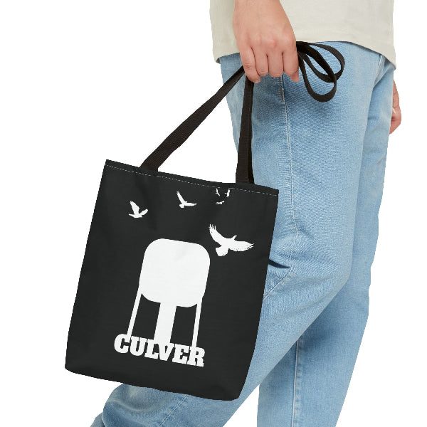 custom Culver Water Tower with Turkey Vultures in Silhouette-printed tote bags