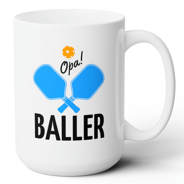 graphic of two pickleball paddles crossed with text OPA! above and BALLER underneath
