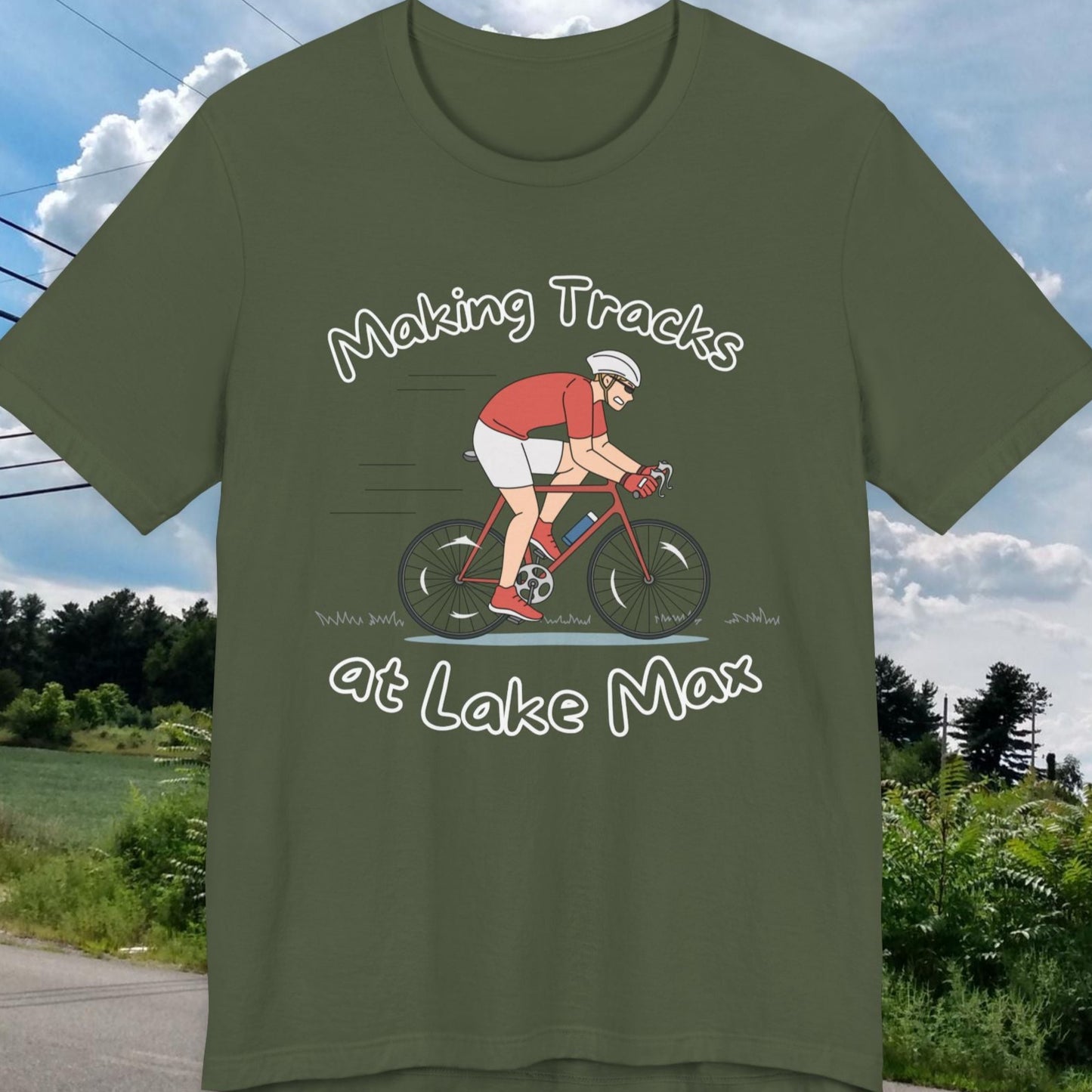 Making Tracks at Lake Max Bike Adventure Unisex Jersey Short Sleeve Tee in military