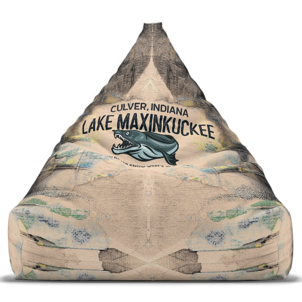 graphic of a fanged fish and text reading "Lake Maxinkuckee Culver Indiana You never know what's in there"
