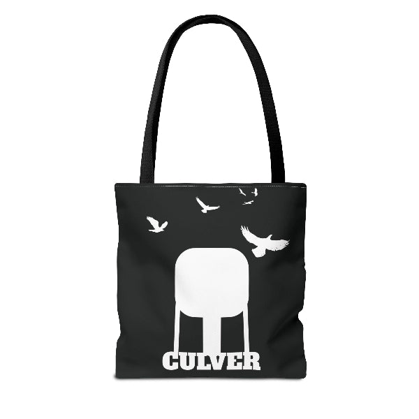 custom Culver Water Tower with Turkey Vultures in Silhouette-printed tote bags