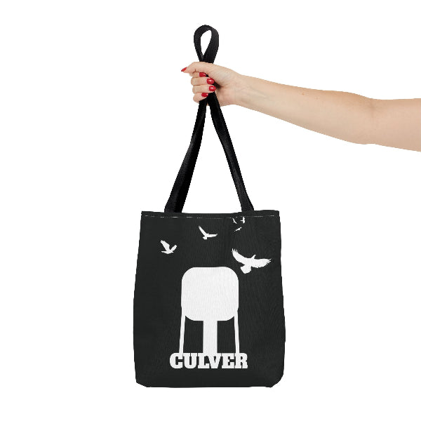 custom Culver Water Tower with Turkey Vultures in Silhouette-printed tote bags