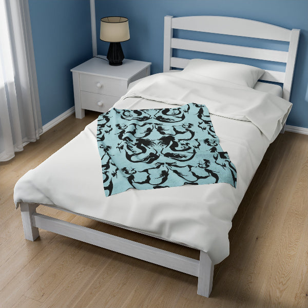 Mermaids in Silhouette (LIGHT BLUE) patterned Velveteen Plush Blanket - small