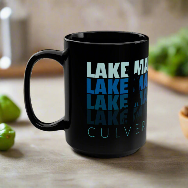 graphic Lake Maxinkuckee repeated 4 times horizontally from light blue to dark blue with Culver Indiana under that and an overlay of 3 jumping people in silhouette form