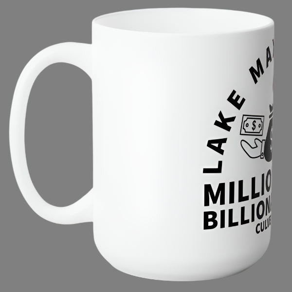 graphic of money bags, piles of money, and dollar signs with text Lake Maxinkuckee Millionaires & Billionaires Club, Culver Indiana