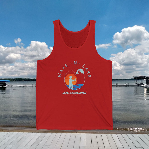 Wake and Lake, Lake Maxinkuckee Culver Indiana Unisex Jersey Tank Top