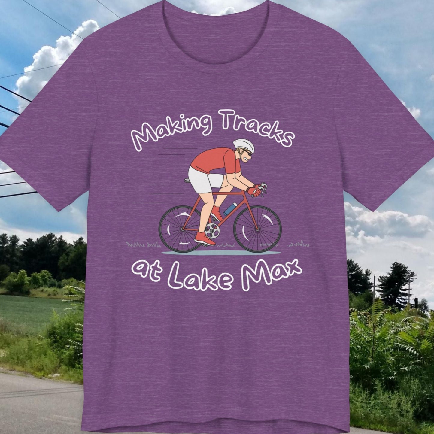 Making Tracks at Lake Max Bike Adventure Unisex Jersey Short Sleeve Tee in heather team purple