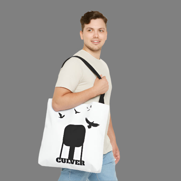 custom Culver Water Tower with Turkey Vultures in Silhouette-printed tote bags