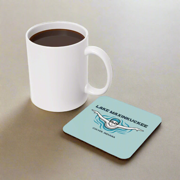 graphic of a swimmer from the front with arms spread and text Lake Maxinkuckee Culver Indiana