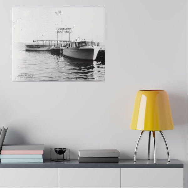 graphic of a vintage boat photo in black and white