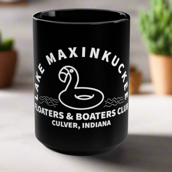 graphic of a flamingo float with text Lake Maxinkuckee Floaters & Boaters, Culver Indiana