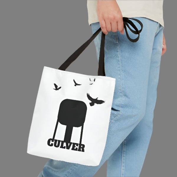 custom Culver Water Tower with Turkey Vultures in Silhouette-printed tote bags