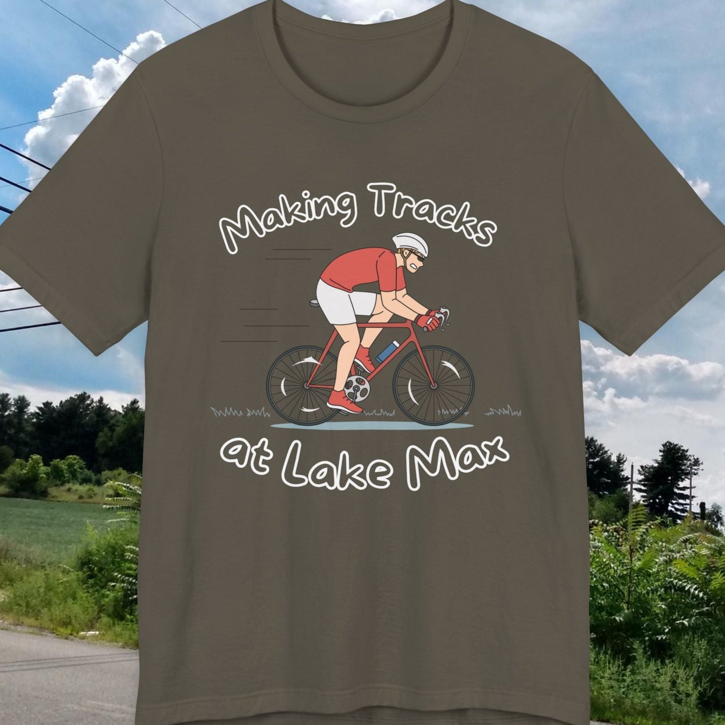 Making Tracks at Lake Max Bike Adventure Unisex Jersey Short Sleeve Tee in army