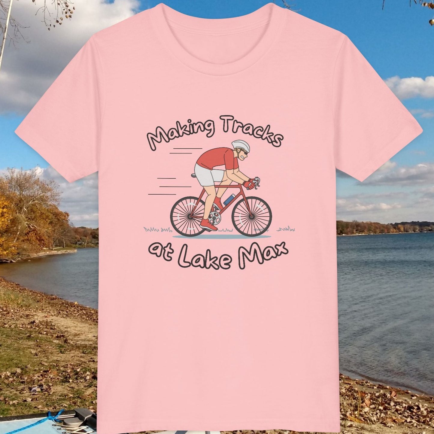 Making Tracks at Lake Max cycler graphic youth tee in pink