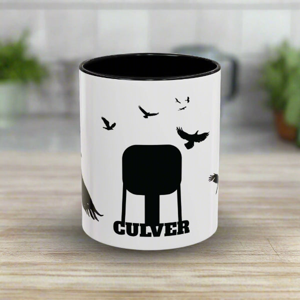 Culver water tower and turkey vultures silhouettes in black on white mug with black interior
