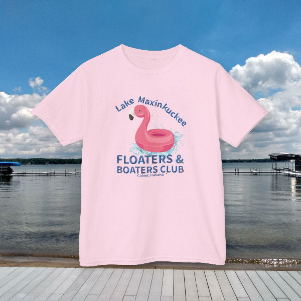 light pink Lake Maxinkuckee Floaters & Boaters Club t-shirt
