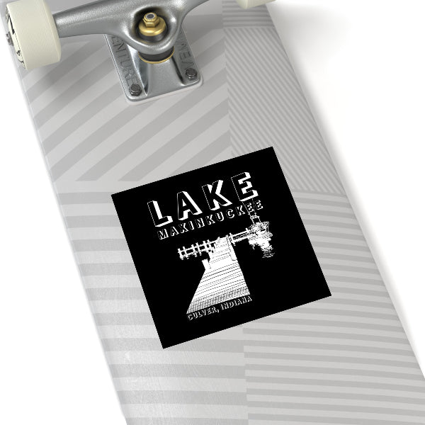 This Lake Maxinkuckee, Culver, Indiana sticker features a serene design of a pier and boat silhouette