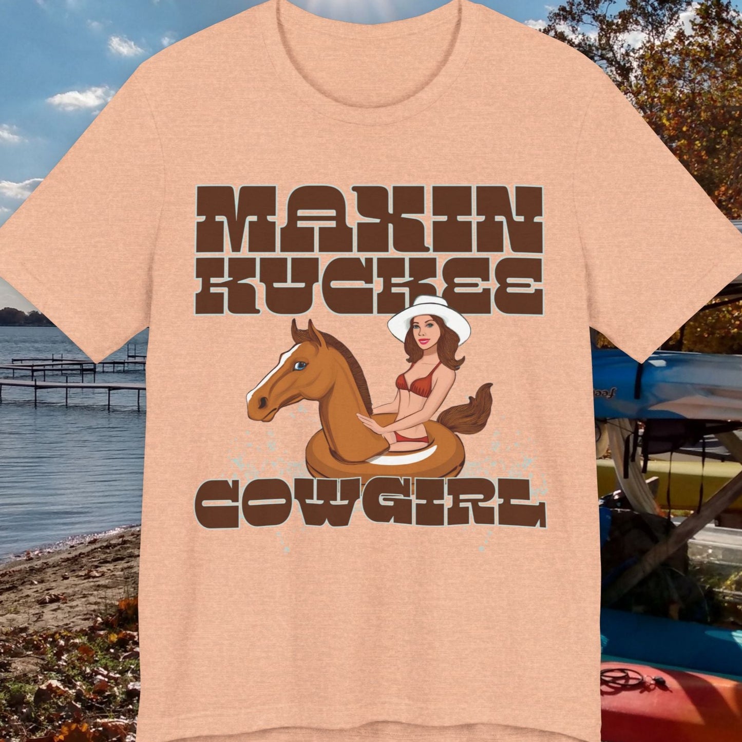 Maxinkuckee Cowgirl humorous Unisex Jersey Short Sleeve Tee in heather peach