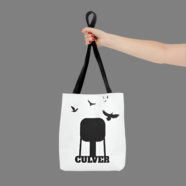 custom Culver Water Tower with Turkey Vultures in Silhouette-printed tote bags