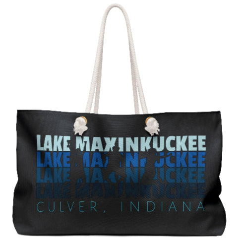graphic Lake Maxinkuckee repeated 4 times horizontally from light blue to dark blue with Culver Indiana under that and an overlay of 3 jumping people in silhouette form