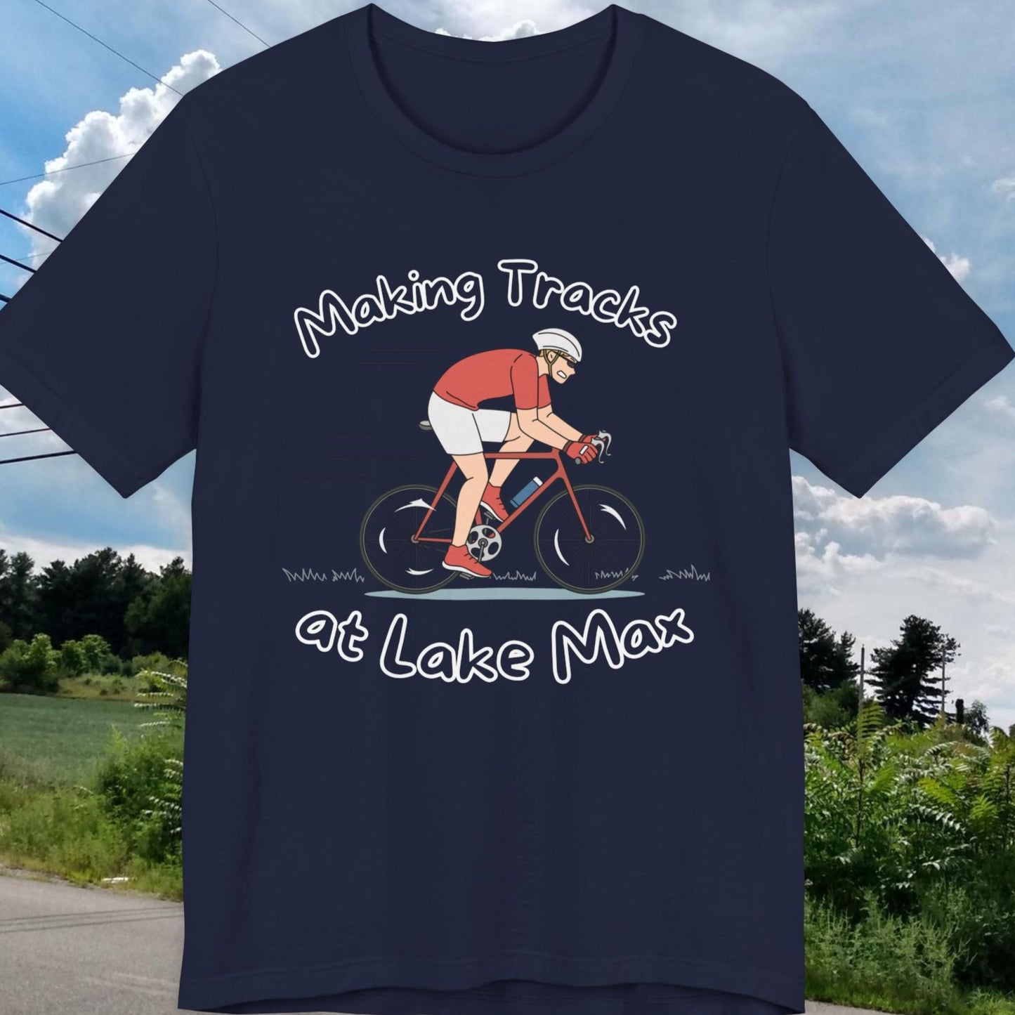 Making Tracks at Lake Max Bike Adventure Unisex Jersey Short Sleeve Tee in navy