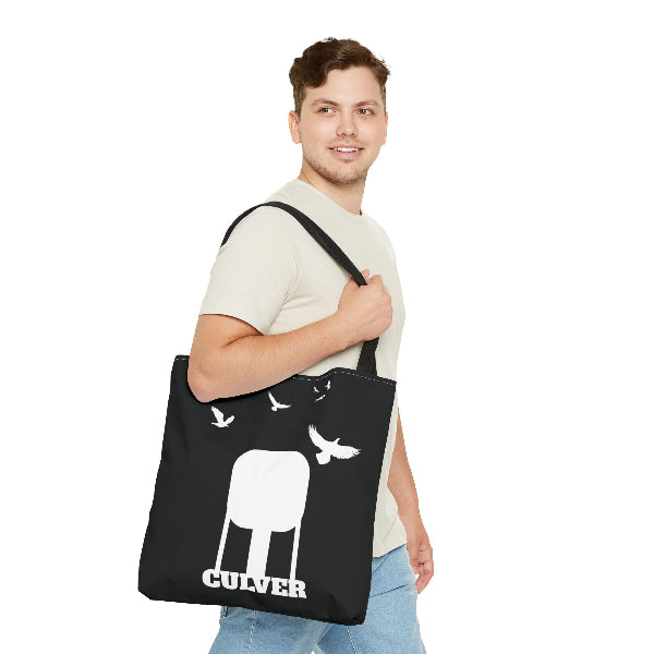 custom Culver Water Tower with Turkey Vultures in Silhouette-printed tote bags
