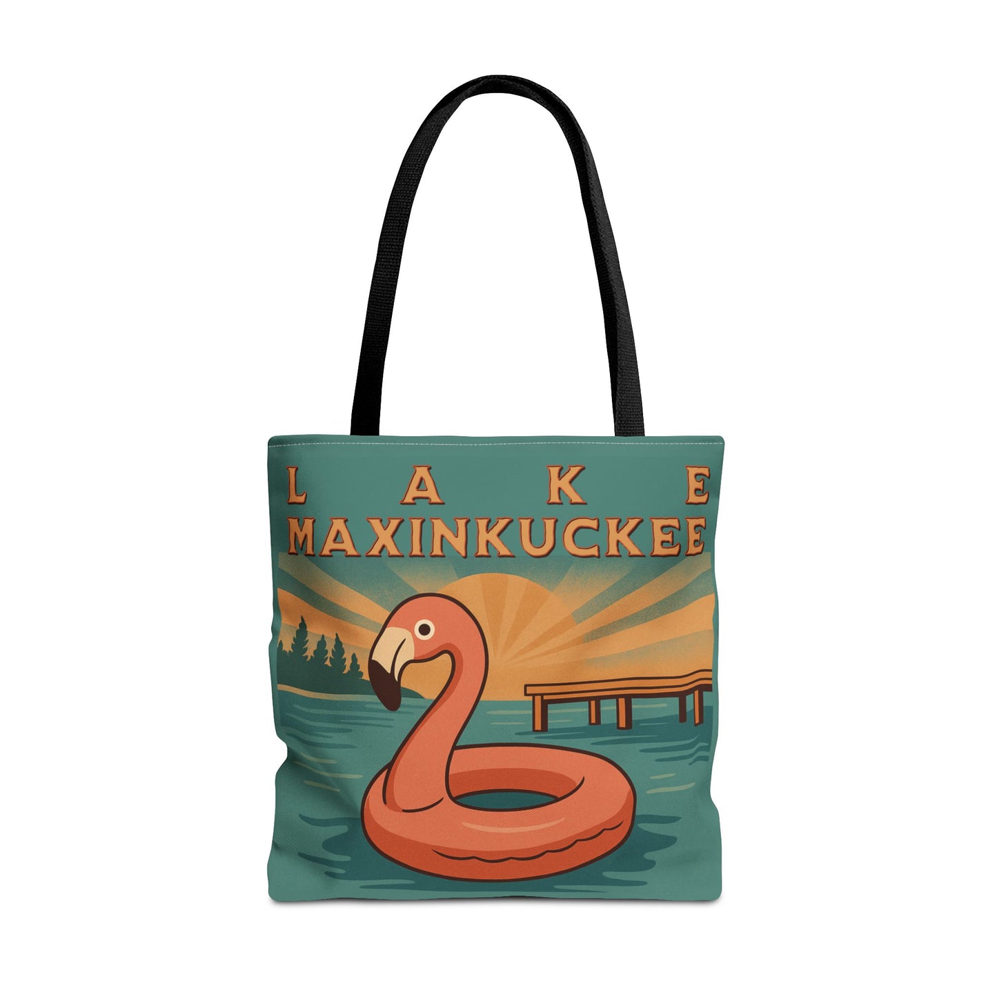 Tote bag with flamingo design and 'Lake Maxinkuckee' text