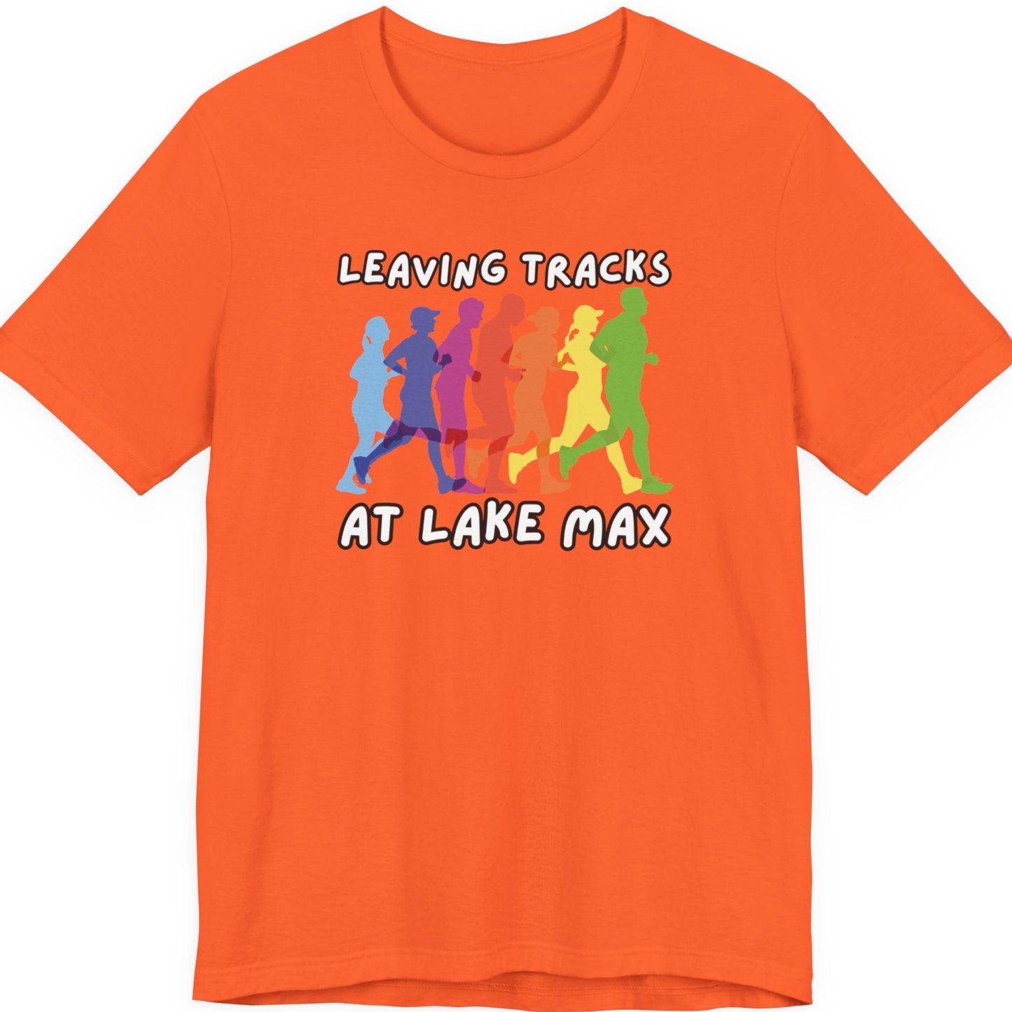 Leaving Tracks at Lake Max Colorful Runners ultimate Unisex Jersey Short Sleeve Tee in orange