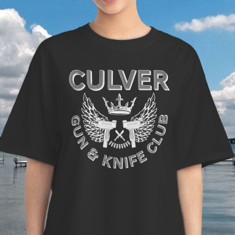 female wearing the Culver Gun & Knife Club, fake club funny shirt