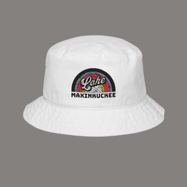 white bucket hat with Lake Maxinkuckee rainbow embroidered patch