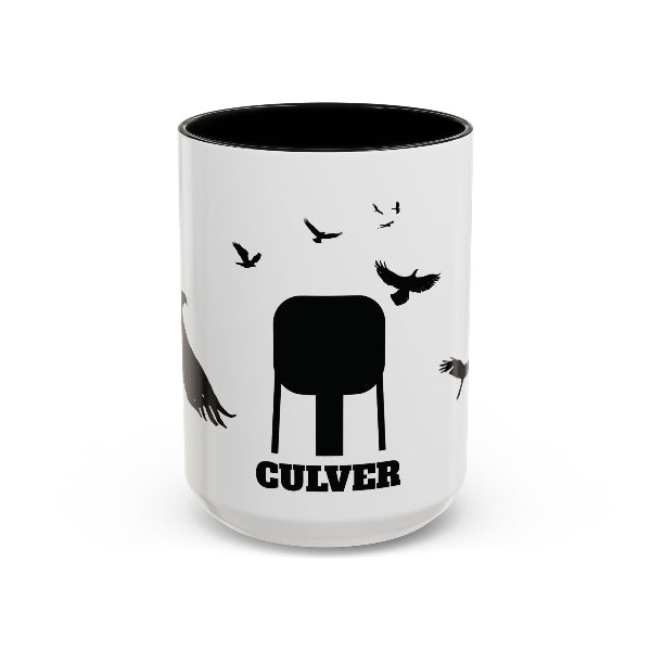 Culver water tower and turkey vultures silhouettes in black on white mug with black interior