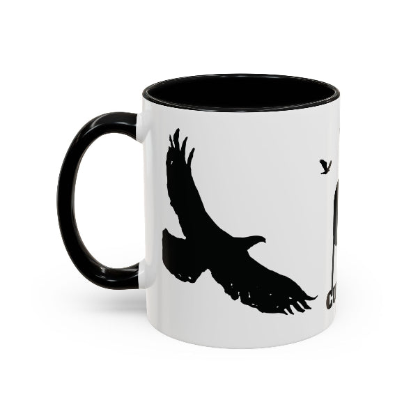 Culver water tower and turkey vultures silhouettes in black on white mug with black interior