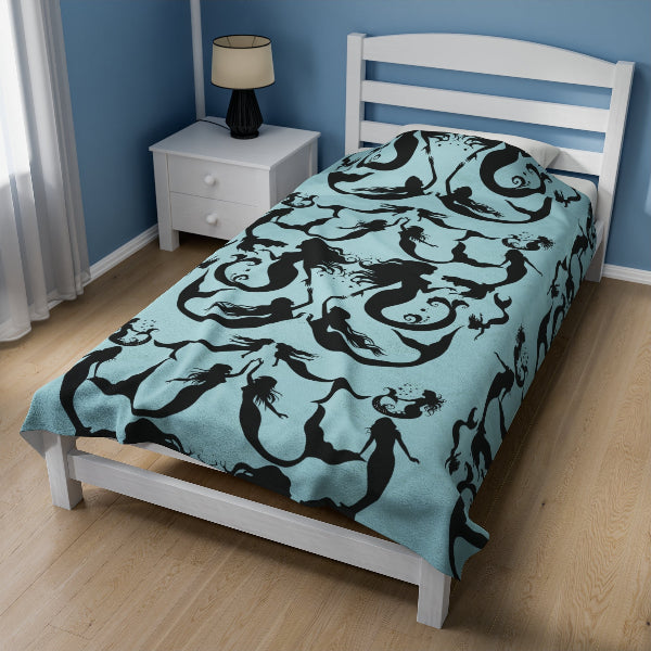Mermaids in Silhouette (LIGHT BLUE) patterned Velveteen Plush Blanket - Large