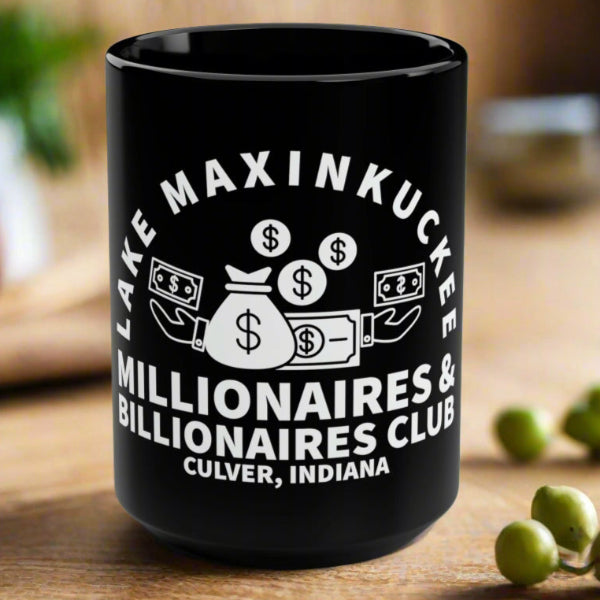 graphic of money bags, piles of money, and dollar signs with text Lake Maxinkuckee Millionaires & Billionaires Club, Culver Indiana
