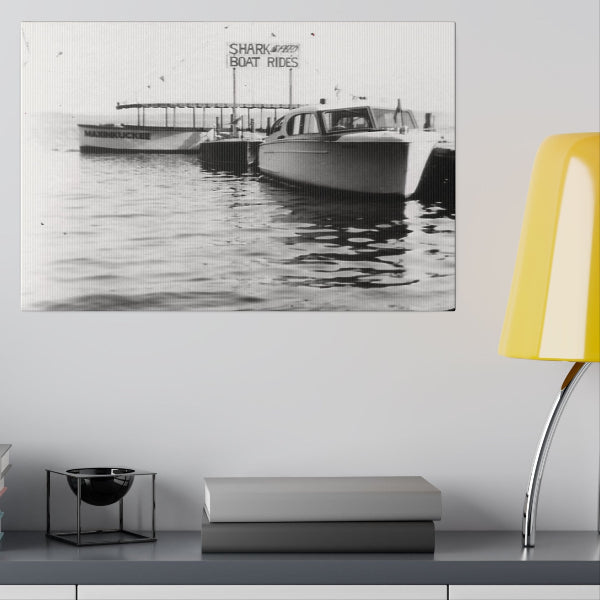 graphic of a vintage boat photo in black and white