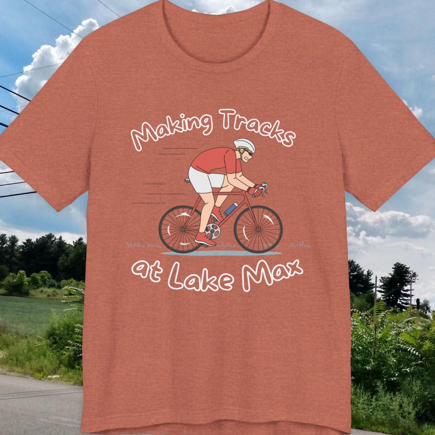 Making Tracks at Lake Max Bike Adventure Unisex Jersey Short Sleeve Tee in heather clay