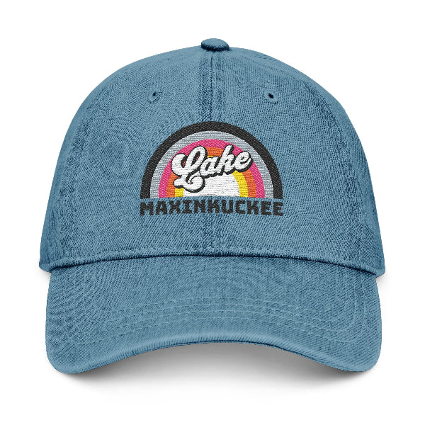 Denim Hat with 'Lake Maxinkuckee' and Rainbow Embroidery