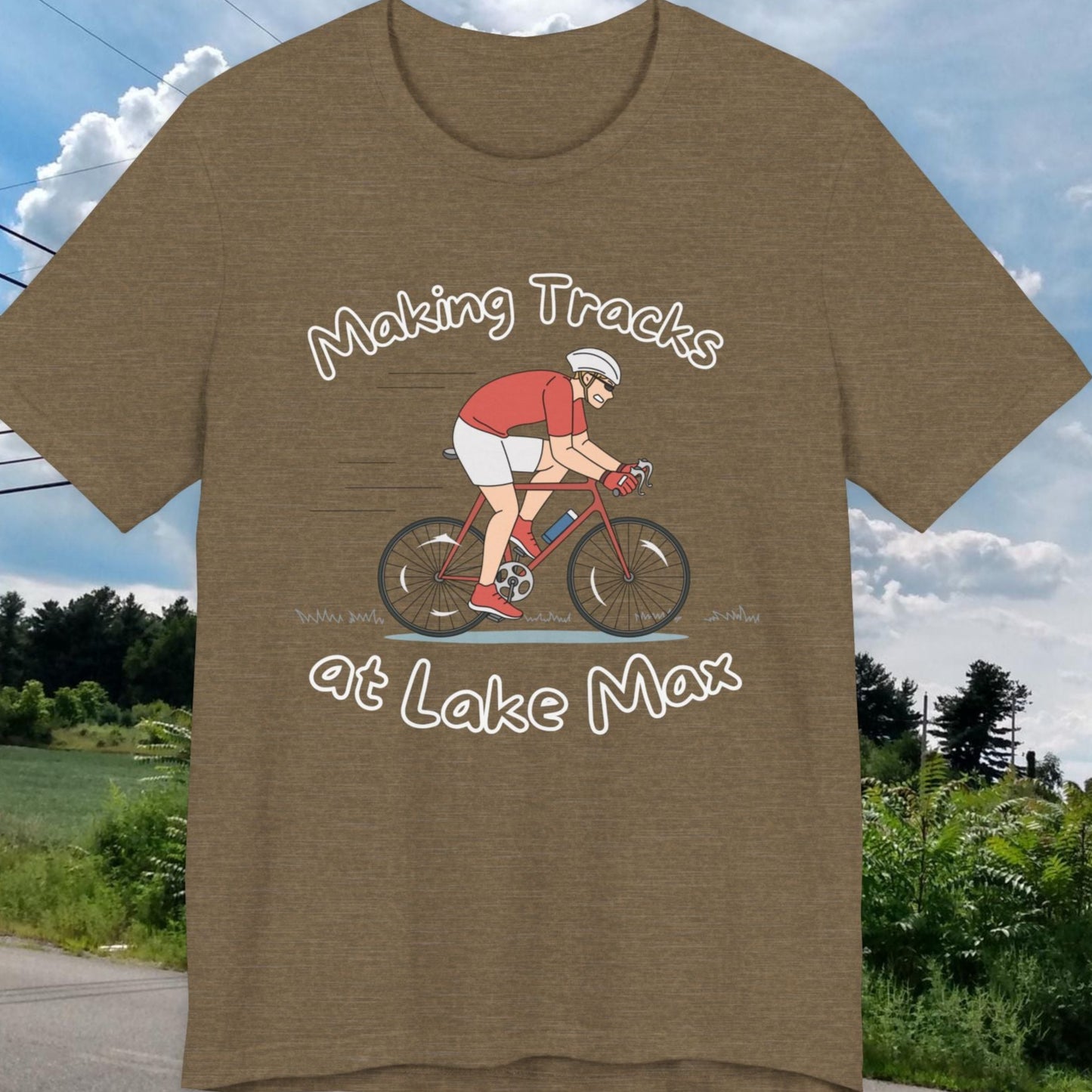Making Tracks at Lake Max Bike Adventure Unisex Jersey Short Sleeve Tee in heather olive