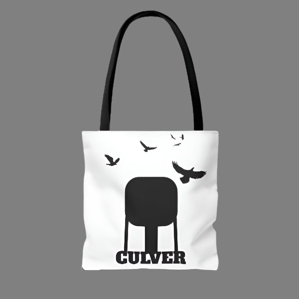 custom Culver Water Tower with Turkey Vultures in Silhouette-printed tote bags