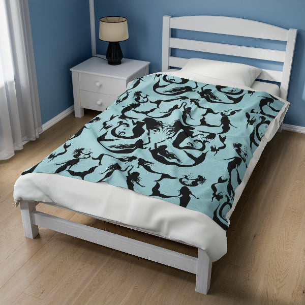 Mermaids in Silhouette (LIGHT BLUE) patterned Velveteen Plush Blanket - medium
