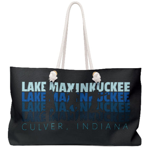 graphic Lake Maxinkuckee repeated 4 times horizontally from light blue to dark blue with Culver Indiana under that and an overlay of 3 jumping people in silhouette form