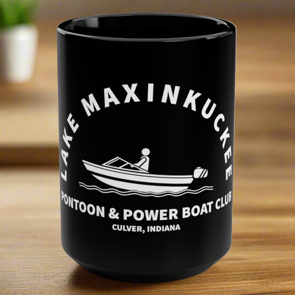 graphic of a power boat with text Lake Maxinkuckee Pontoon & Power Boat Club Culver Indiana