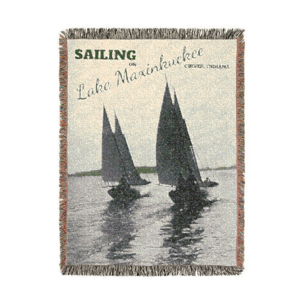woven blankets feature a vintage photograph of sailboats having some fun on Lake Maxinkuckee in Culver, Indiana