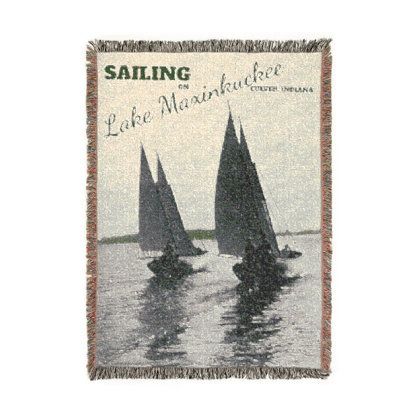 woven blankets feature a vintage photograph of sailboats having some fun on Lake Maxinkuckee in Culver, Indiana