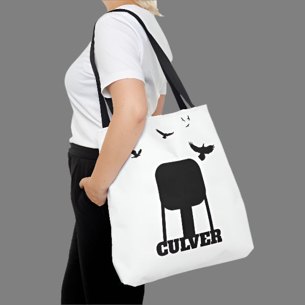 custom Culver Water Tower with Turkey Vultures in Silhouette-printed tote bags