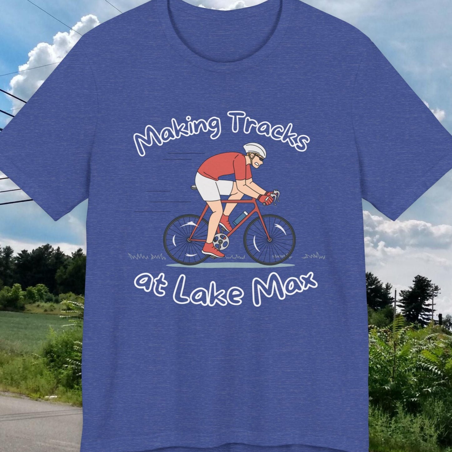 Making Tracks at Lake Max Bike Adventure Unisex Jersey Short Sleeve Tee in heather true royal
