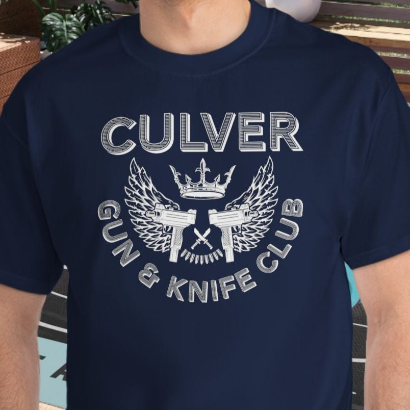 male wearing the Culver Gun & Knife Club, fake club funny shirt