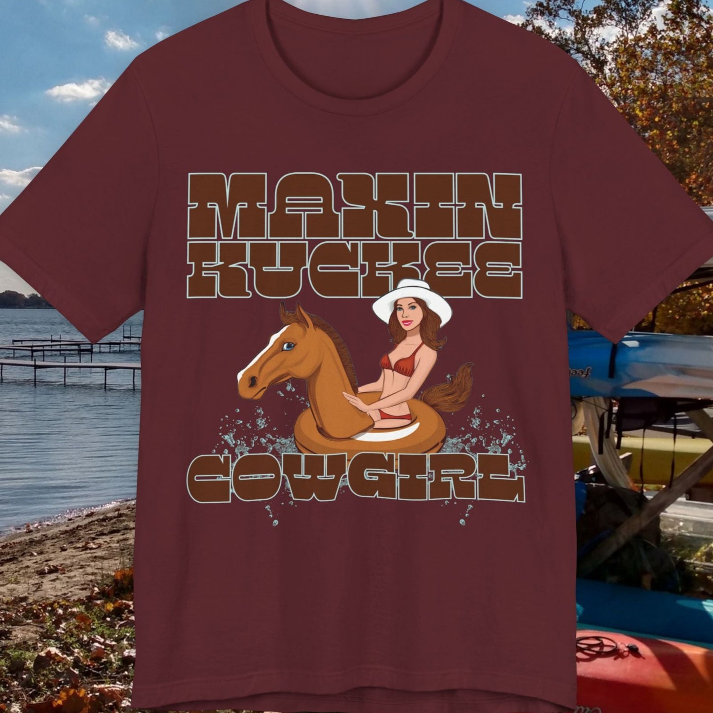Maxinkuckee Cowgirl humorous Unisex Jersey Short Sleeve Tee in maroon